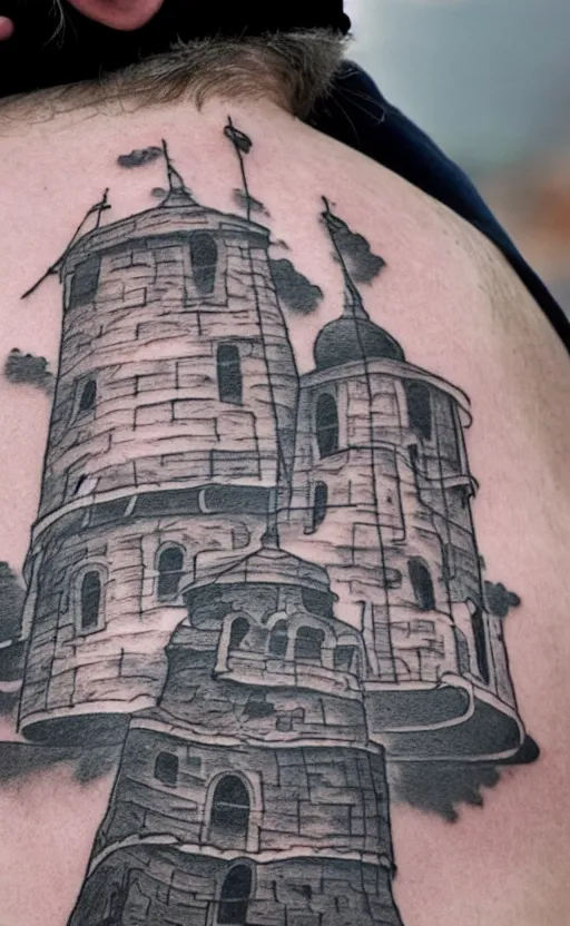 Image similar to an old man wearing a hat on top of a tower, ultra detailed, tattoo, 8 k