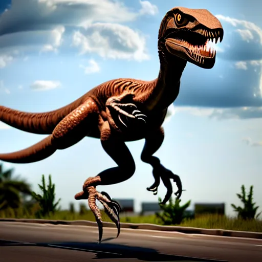 Prompt: a velociraptor driving a motorbike, photorealistic 3 d octane render, unreal engine