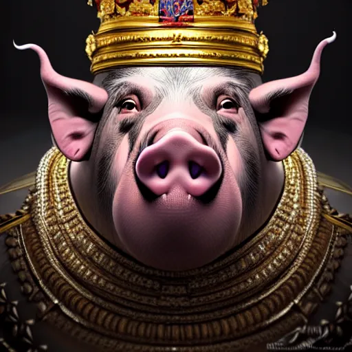 Prompt: a portrait of King Vajiralongkorn with the facial features of a pig, realistic face, grimdark extremely detailed fantasy art by Gerald Brom, octane render