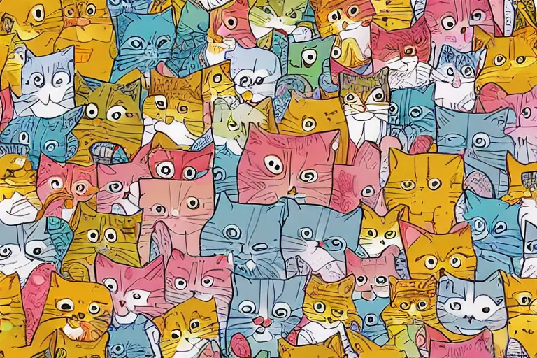 Image similar to beautiful art illustration of a group of happy cats by tony healey, highly detailed, seamless pattern, tiling