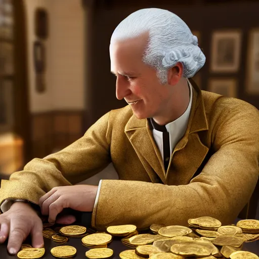 Image similar to a closeup photorealistic photograph of a happy George Washington inspecting small gold Doubloon coins at his home on Cherry Street. This 4K HD image is Trending on Artstation, featured on Behance, well-rendered, extra crisp, features intricate detail and the style of Unreal Engine.