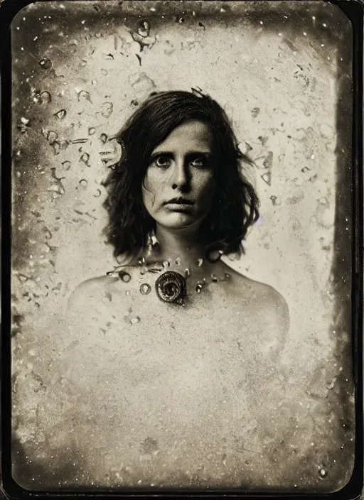 Image similar to old wetplate daguerreotype portrait, explosion of data fragments, fractal, intricate, elegant, highly detailed, parallax, leica, medium format, subsurface scattering, by marie harnett