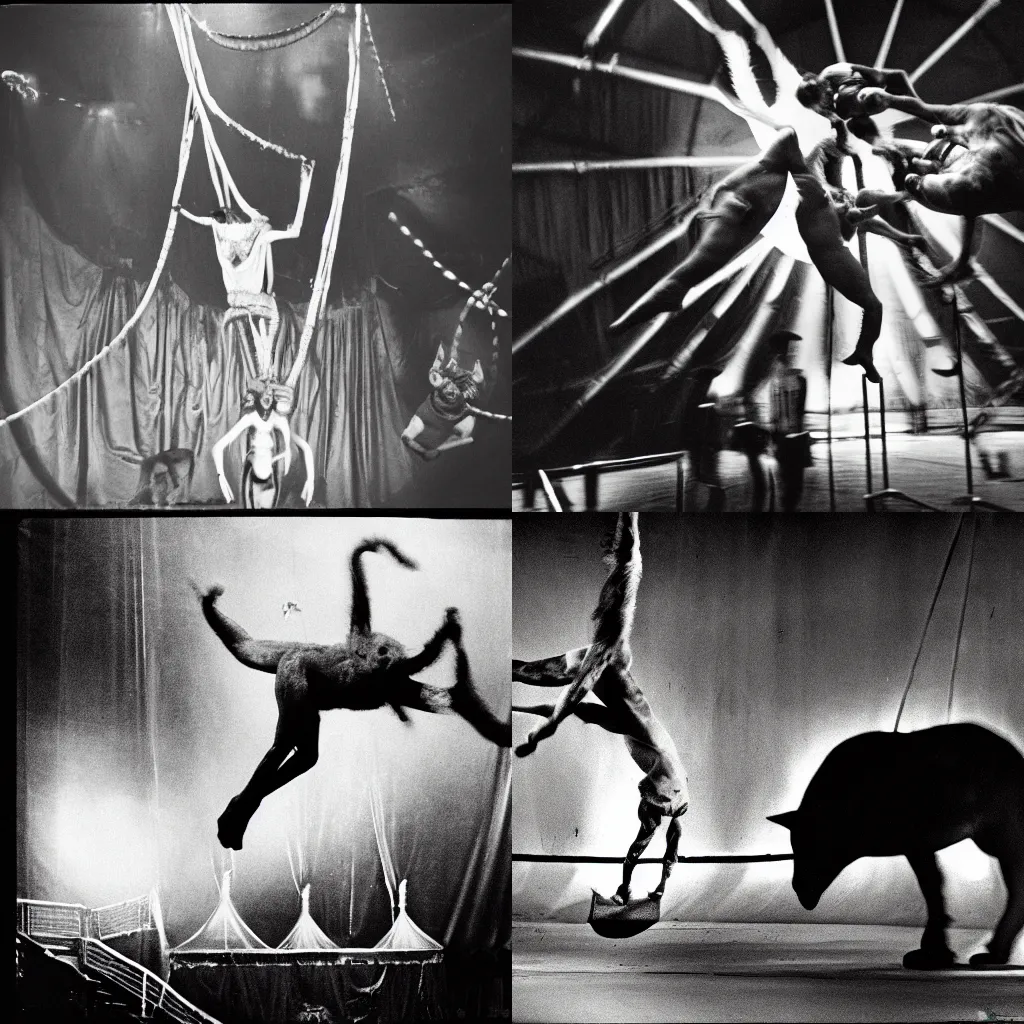 Prompt: found footage of a creature in a circus, trevor henderson, black and white,