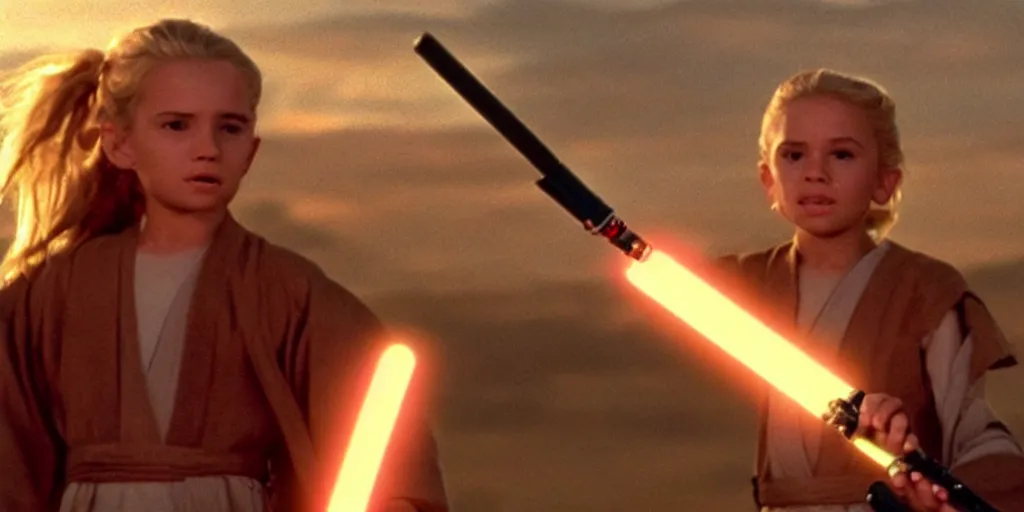 Image similar to !dream A full color still of a young blonde Jedi padawan holding a lightsaber hilt, at dusk!!!, at golden hour!!!, from The Phantom Menace, directed by Steven Spielberg, 1990