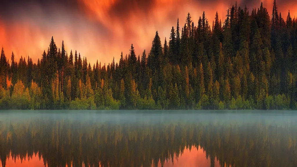 Image similar to amazing landscape photo of a forest with lake in sunset by marc adamus, beautiful dramatic lighting