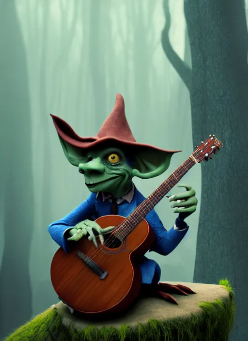 Prompt: a cute sharply dressed goblin playing the blues on an old acoustic guitar, in the style of boris valejo and terry gilliam, fantastic, dramatic lighting, smoke, mist, forest, hyperrealistic, photorealistic, accurate, detailed, octane render