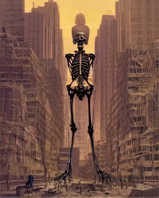 Prompt: a huge human skeleton looming over a city provoking an unsettling emotion, POV of city workers, photorealism by Wayne Barlowe