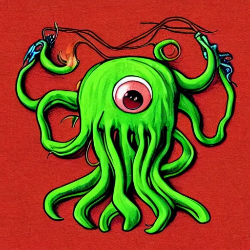 Image similar to Cthulhu with spaghetti as its tentacles, and a meatballs as its eyes