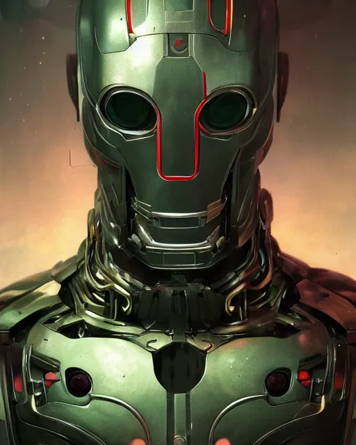 Prompt: portrait of a green ultron from age of ultron, clockwork steampunk, dieselpunk, head and chest only, by beksinski, 4 k, deviantart, 3 d unreal engine, trending on artstation