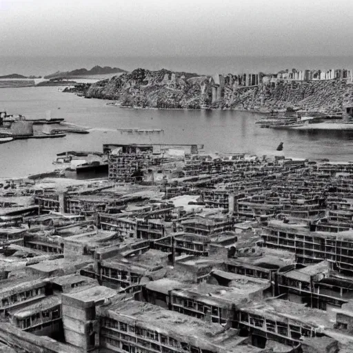 Image similar to brutalist city, prison city, totalitarian prison island, hashima island, wide roads, wide avenues, wide spaces, rundown buildings, military buildings, prison complex, colorized super 8 mm photo