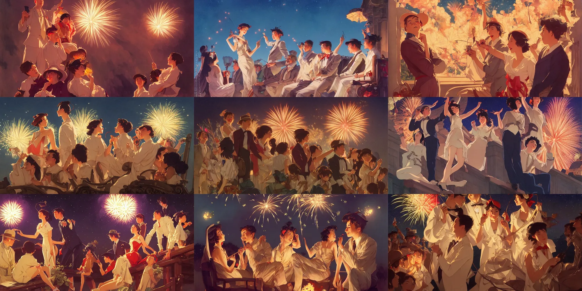 Prompt: people watching firework at night, in the style of studio ghibli, j. c. leyendecker, greg rutkowski, artgerm