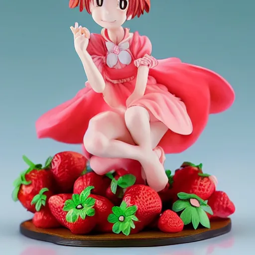 Prompt: a femo figurine of a cute funny strawberry fairy with a frilly floral dress featured on yotsubato, by hayao miyazaki, pastels, wide angle, dynamic pose, 🎀 🍓 🧚