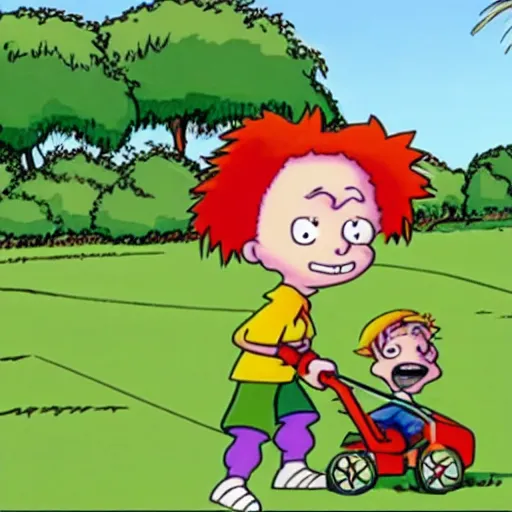 Prompt: rugrats but tommy is a lawnmower