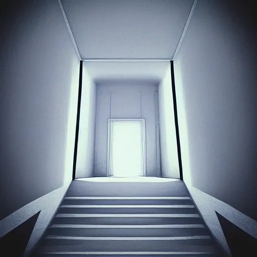 Image similar to “the inside of a huge white building with with many doors and stairs, confusing, clean geometric shapes, creepy, doors, strange dimensions, anime style, detailed background, horror anime”