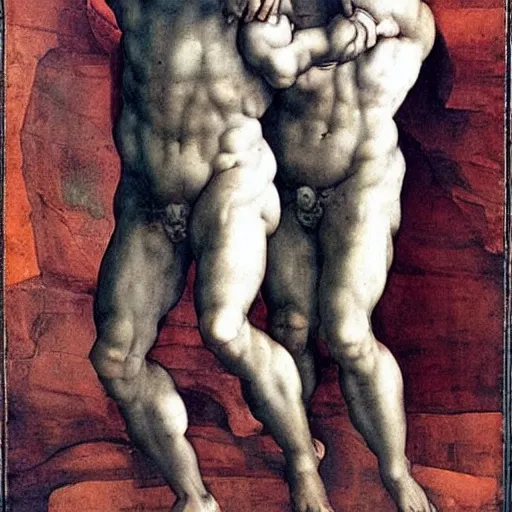 Prompt: two men holding hands by Michelangelo