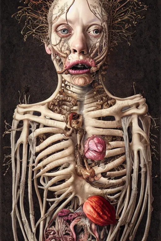 Prompt: Detailed maximalist portrait with large lips and eyes, scared expression, botanical anatomy, skeletal with extra flesh, HD mixed media, 3D collage, highly detailed and intricate, surreal illustration in the style of Jenny Saville, dark art, baroque, centred in image, rendered in octane