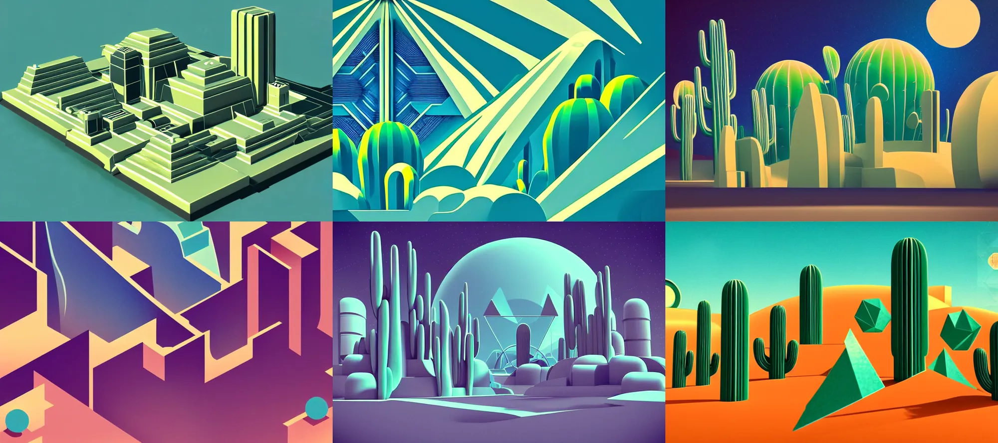 Image similar to retro-futurism style-art deco style-sci-fi- 3d geometric landscape with cactus