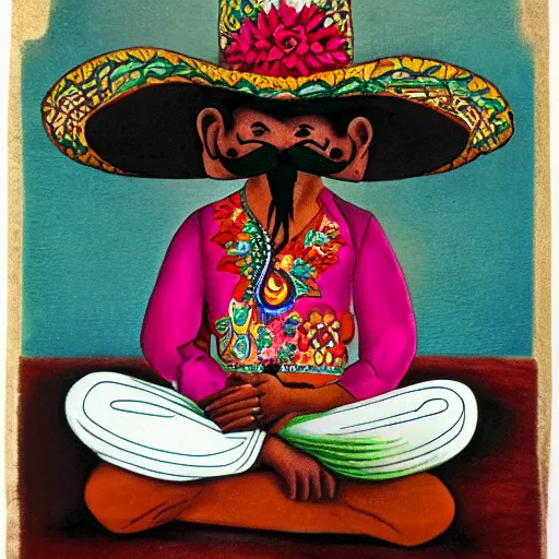 Image similar to mustachioed mexican vaquero sitting lotus position, mexican folk art