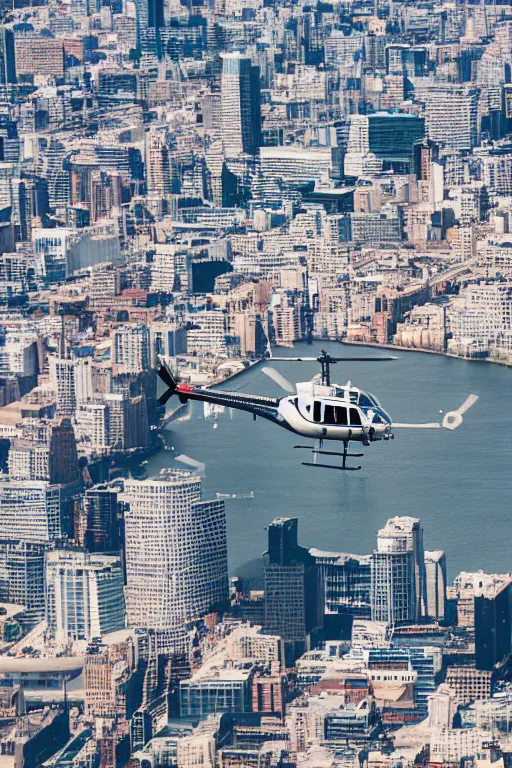 Prompt: a 5 0's helicopter flying over the city