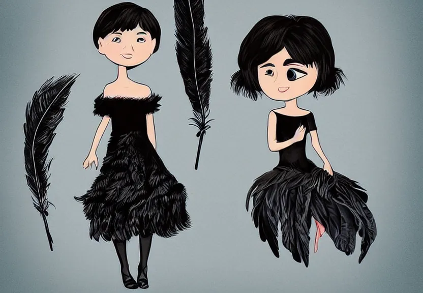 Image similar to little girl with a short black haircut wearing a dress made of black feathers, artwork in disney art style, anatomically perfect