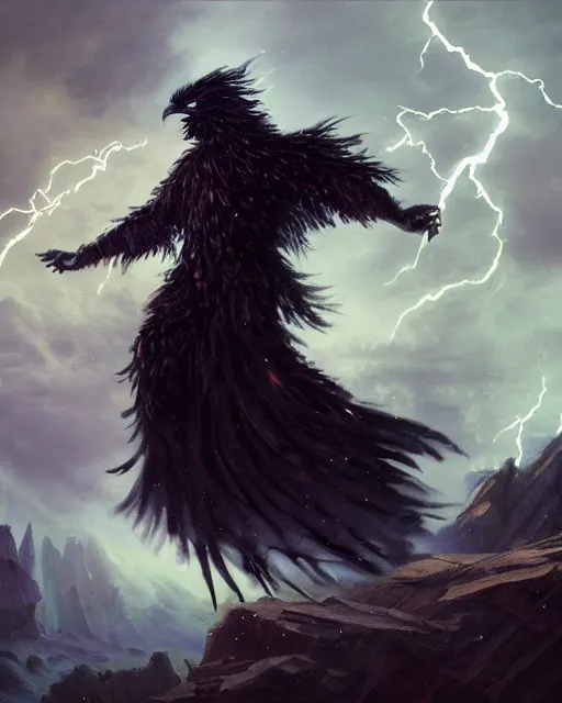 Image similar to oil painting of Anthropomorphized Elemental Raven casting spell, magical runes flying, wearing fur cloak, sharp focus, lightning storm background, magical aura, heroic pose, fantasy style, octane render, volumetric lighting, 8k high definition, by greg rutkowski, highly detailed, trending on art Station, magic the gathering artwork, Thunderstorm background, centered, dramatic artwork