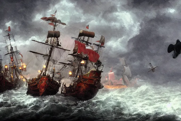 Image similar to epic pirate ship cannon battle in a storm, in the style of vernon grant and chris van allsburg, trending on artstation, bright tilt - shift camcorder effect, photoshop, retrowave, hyperrealism, octane, sharp focus, masterpiece