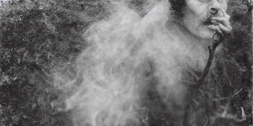 Prompt: 1 9 2 0 s spirit portrait photography of an old female farmer turning into a krampus ghost with hay cloth in the dolomites, smoke from mouth, casting a root spell, inviting hand, witchy, wicca, by william hope, dark, eerie, grainy