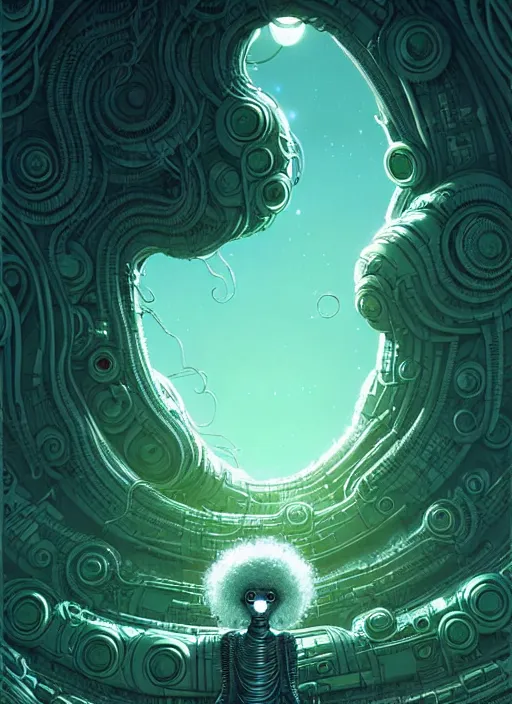 Prompt: highly detailed portrait of a biopunk long curly white hair tribal lady, stray wiring by atey ghailan, james gilleard, by joe fenton, by greg rutkowski, by greg tocchini, by kaethe butcher, 4 k resolution, gradient green, black and white color scheme!!! ( ( irradiated robotic spiral rocky landscape background ) )