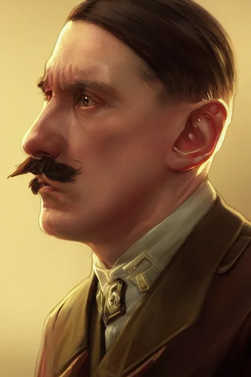 Image similar to cinematic stills of adolf hitler, deep focus, d & d, fantasy, intricate, elegant, highly detailed, digital painting, artstation, concept art, matte, sharp focus, illustration, hearthstone, art by artgerm and greg rutkowski and alphonse mucha