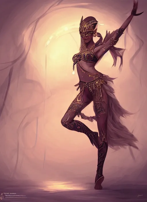 Prompt: a highly detailed illustration of a masked elegant elf arabian dancer, gracefully belly dancing pose, waving both arms, slim model body, intricate, elegant, highly detailed, centered, digital painting, artstation, concept art, smooth, sharp focus, league of legends concept art, WLOP