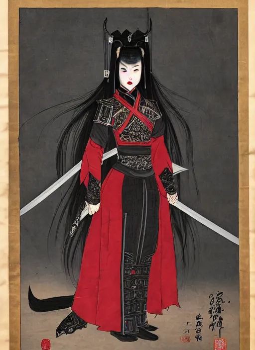 Prompt: full portrait of female vampire jinyiwei wearing black heavy armor and pointed helmet, stern, agile, elegant, imposing, jinyiwei, embroidered uniform guard, secret agent, detective, chinese armor, historical armor, pointed helmet, katana, nodachi, japanese sword, ming dynasty, detailed, realistic, anatomically accurate.