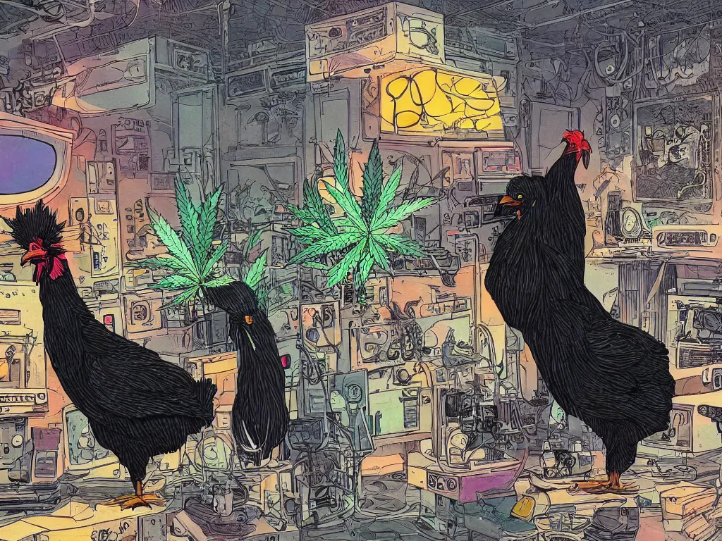 Image similar to 'black chicken'!!! smoking 'cannabis'!!!!!! in front of 'audio console'!!!! and 'multi monitors'!!!! 'in a hi-tech tv broadcasting studio'!!!!, artwork by James Gilleard