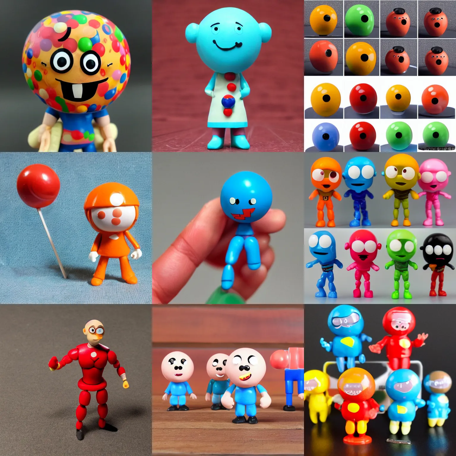 Prompt: individual gumball stop motion vinyl action figure, plastic, toy, stephen bliss style