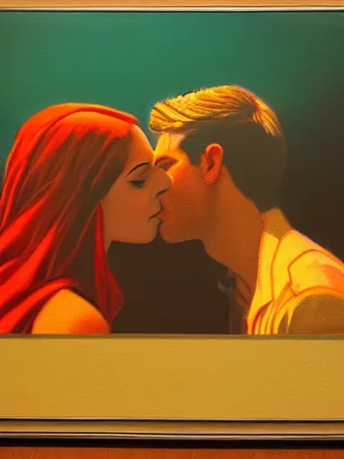 Image similar to a guy and a girl kissing, artwork by salman toor, cinematic light, atmospheric effects, oil on canvas