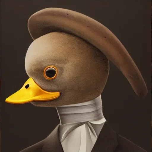 Image similar to a high detail photo of a man with a duck's head wearing a suit, antropomorphic, photorealism