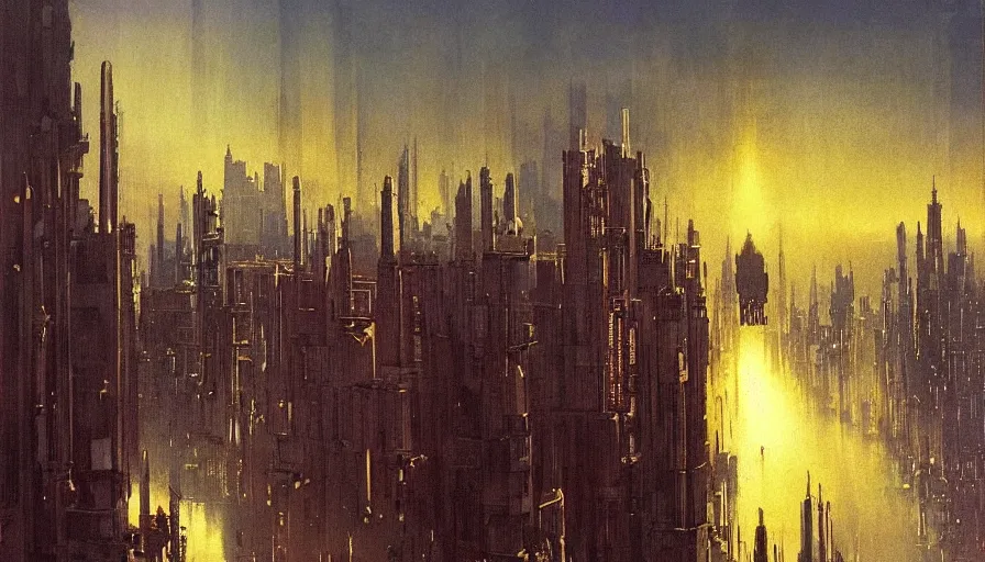 Image similar to city of golden shadows, intricate detailed painting, cityscape, john harris