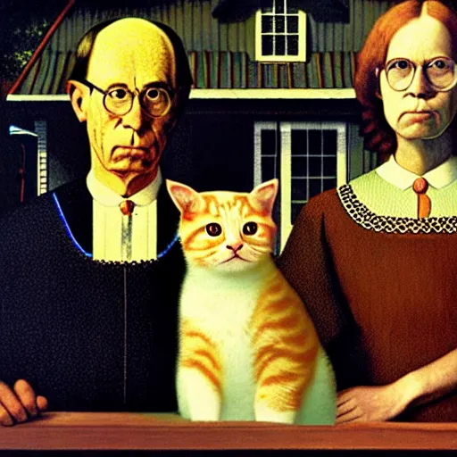 Image similar to fat orange tabby cat, man with afro in american gothic by grant wood