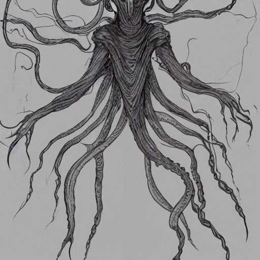 Image similar to concept designs for an ethereal wraith like figure with a squid like parasite latched onto its head and long tentacle arms that flow lazily but gracefully at its sides like a cloak while it floats around a forgotten kingdom in the snow searching for lost souls and that hides amongst the shadows in the trees, this character has hydrokinesis and electrokinesis for the resident evil game franchise with inspiration from the franchise Bloodborne and the mind flayer from stranger things on netflix