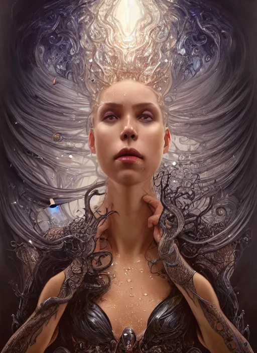 Prompt: a full body perspective of a stout preistess of the elemental darkness, crooked nose, wet, fantasy, shiny, intricate, elegant, highly detailed, ultra definition, digital painting, artstation, vray, concept art, smooth, high speed photography, illustration, art by artgerm and greg rutkowski and alphonse mucha and james jean