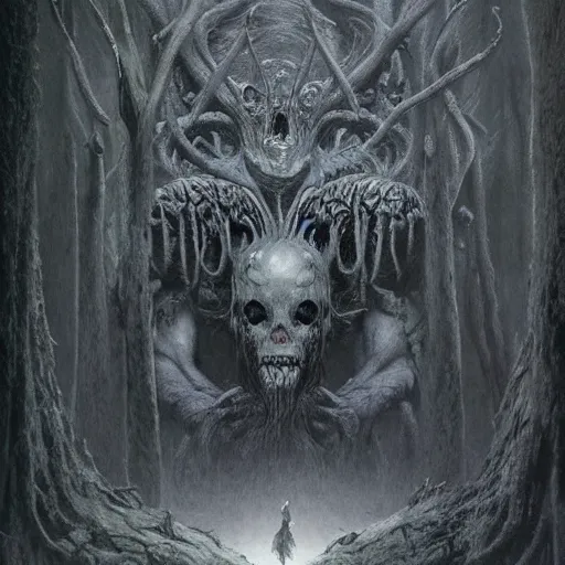 Image similar to concept art of a ancient magus, fae, skulled creature with black fur, elegant, tendrils, forest, heavy fog, fantasy, ultra realistic, wayne barlowe and zdzislaw beksinski