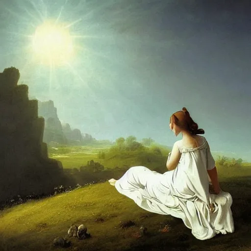 Image similar to a beautiful painting of a woman in a white cotton dress pondering life as she watches the sun set, nature, deviantart, fantasy art, sunrays shine upon it, deviantart, mystical, art style by claude joseph vernet and caspar david friedrich