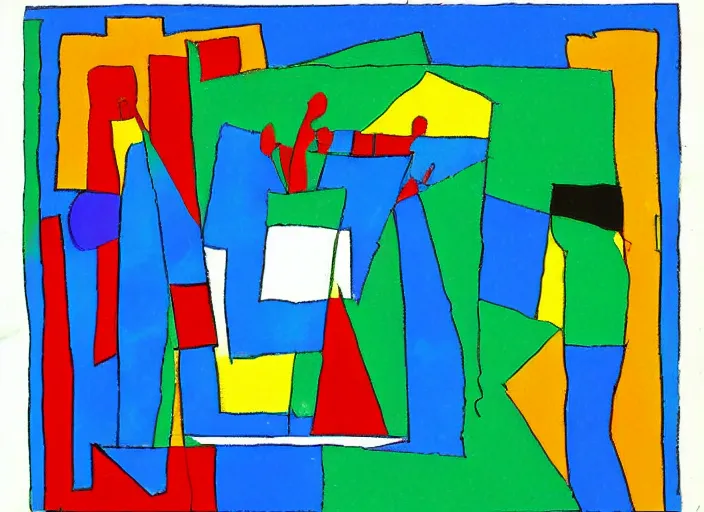 Prompt: an ms paint children's drawing, in the style of suprematism