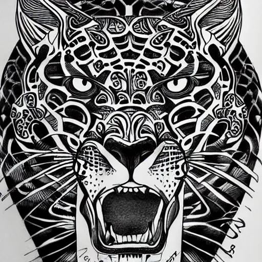 Prompt: jaguar head tattoodesign, frontview, black and white, white background. very detailed ink drawing, fine lineart, extremely detailed