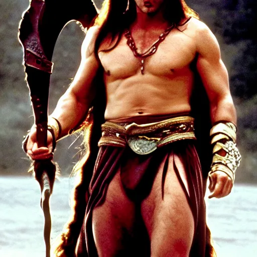 Prompt: nicholas cage as conan the barbarian, movie clip, macho