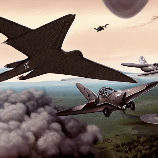 Prompt: a detailed matte painting of a pterodactyl flying with nazi messerschmitt in a bombing raid, 8 k, artstation, art in a turn of the century pulp novel style