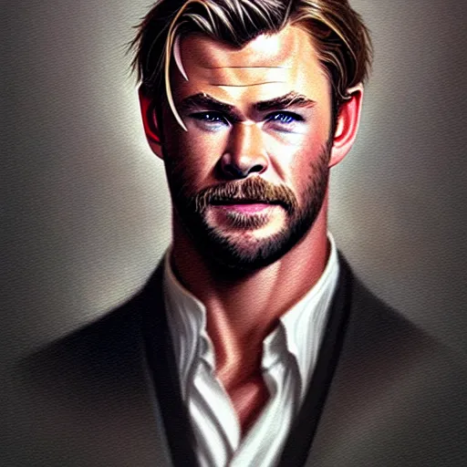 Image similar to portrait of Chris Hemsworth, elegant, intricate, headshot, highly detailed, digital painting, artstation, concept art, sharp focus, illustration, art by artgerm and greg rutkowski and alphonse mucha