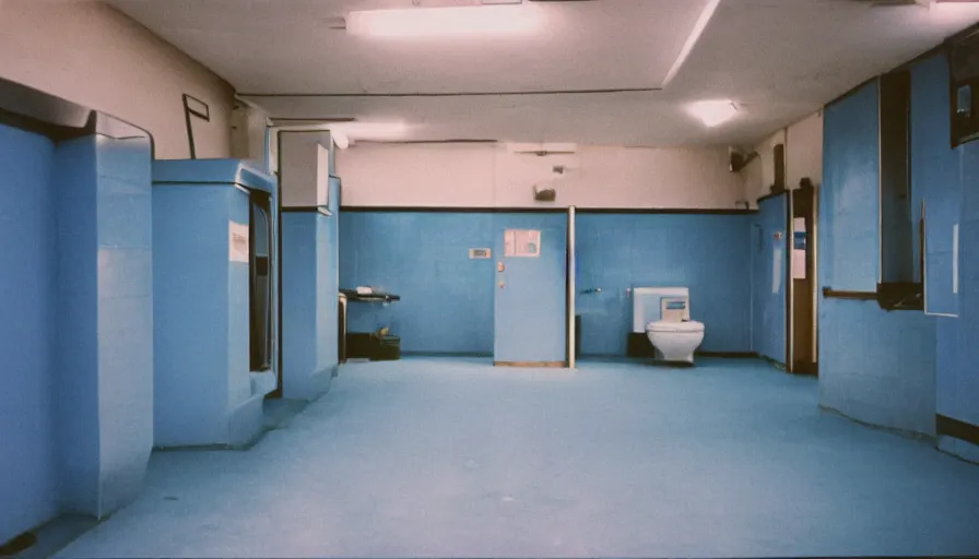 Image similar to 60s movie still of a sovietic stalinist style empty blue tiles room with visible toilets, cinestill 800t 50mm eastmancolor, liminal Space style, heavy grain-s 150
