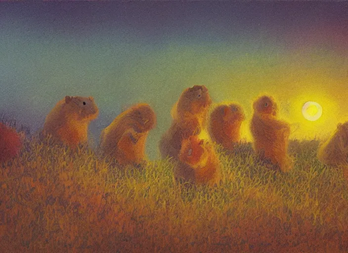 Image similar to impressionist painting of a somber hamster funeral at dusk, in the style of michael whelan and james gurney and wayne barlowe