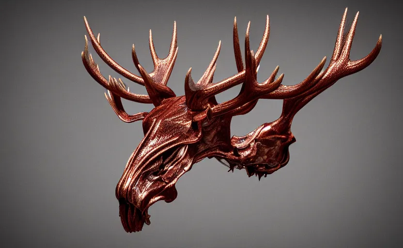 Image similar to stylized shiny polished silver statue bizarre cosmic horror quadruped animal moose deer skull four legs made of slug creature tendrils, perfect symmetrical body, perfect symmetrical face, hyper realistic, hyper detailed, by johannen voss, by michelangelo, octane render, blender, 8 k, displayed in pure white studio room anatomical deep red arteries veins spaghetti flesh