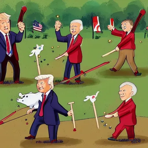 Image similar to Biden, Trump, Putin, Xi, as kids riding a hobby horse shooting each other with water pistols, cartoon!!!!,
